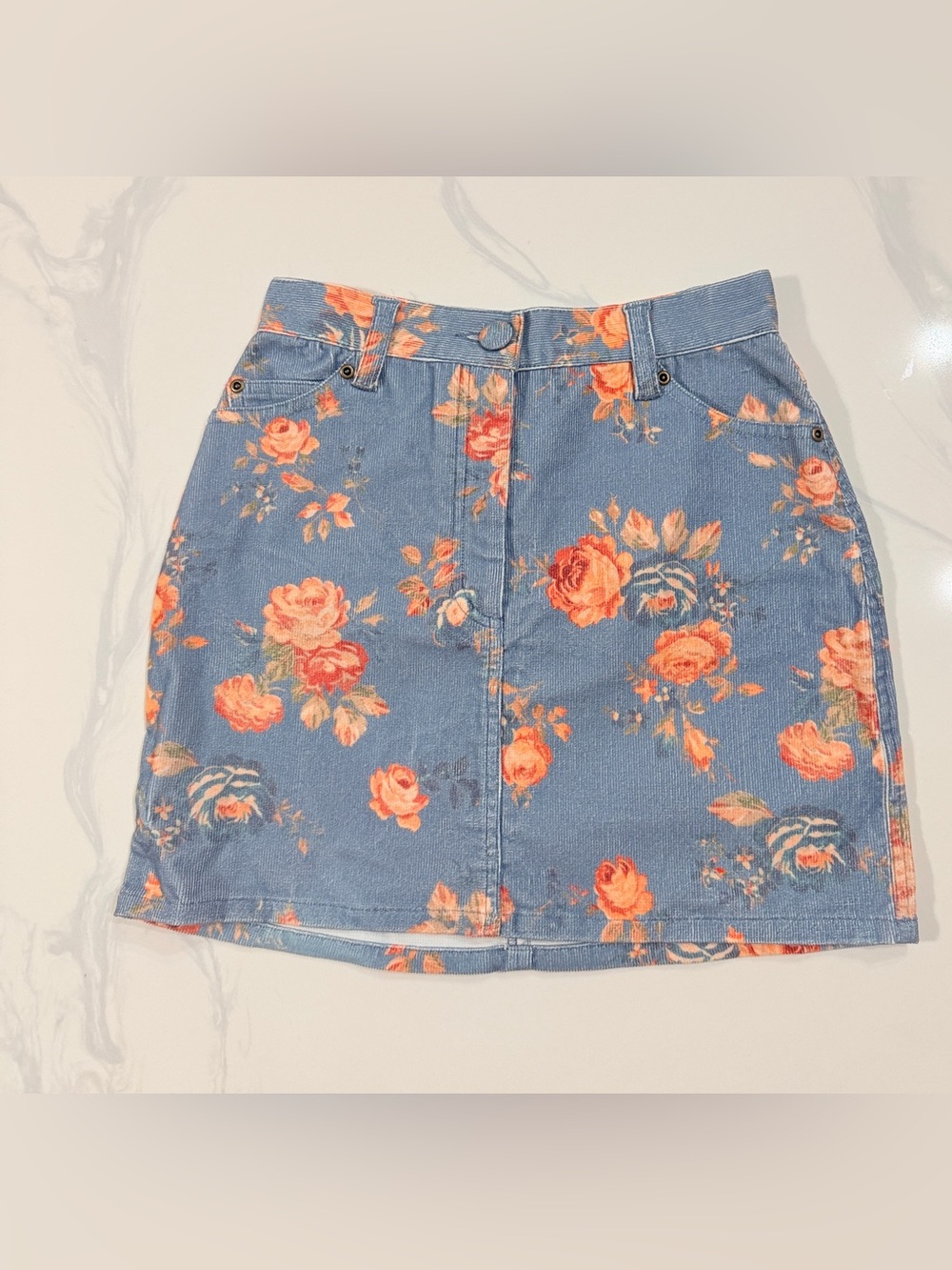 NWOT LOVESHACKFANCY
Faded denim floral corduroy Hollywood Mini Skirt